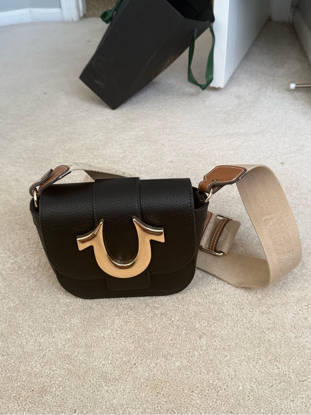 True Religion Black Leather Crossbody with Gold Horseshoe and Beige Strap